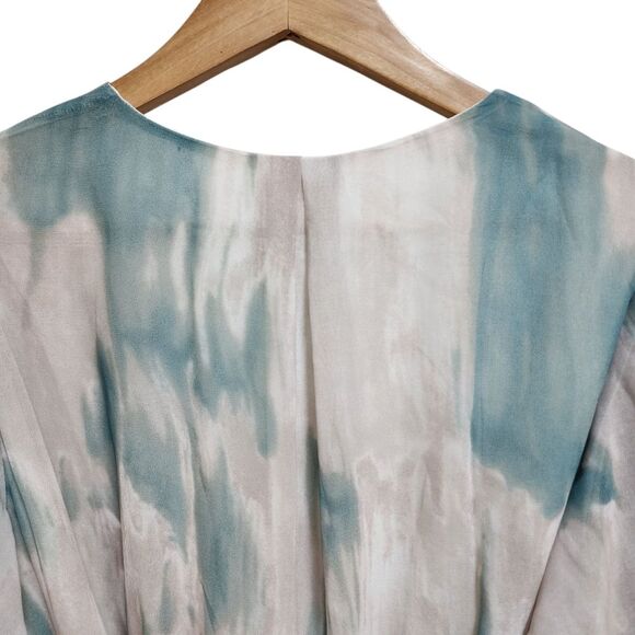 Chic Soul Dress Sz 1X Teal Tan Chiffon Maxi Flutter Sleeve Surplice V Neck Slit - Picture 8 of 13